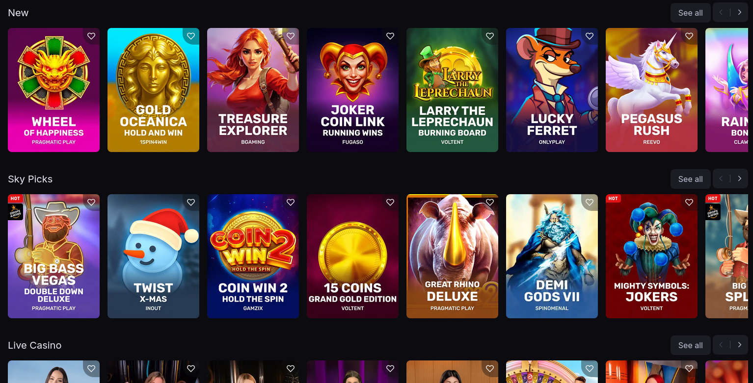 SkyCrown Casino Real Money Games Interface showing online pokies and table games